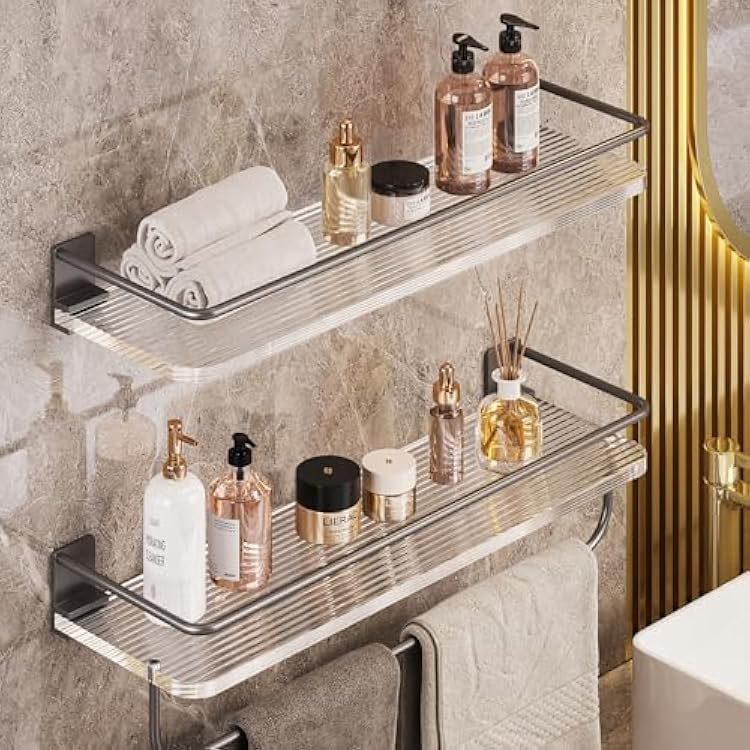 Onlysky Adhesive Bathroom Shelves, Acrylic Floating Bathroom Shelves, Rental Friendly Wall Shelf No DrillGrey, 15.7 Inches