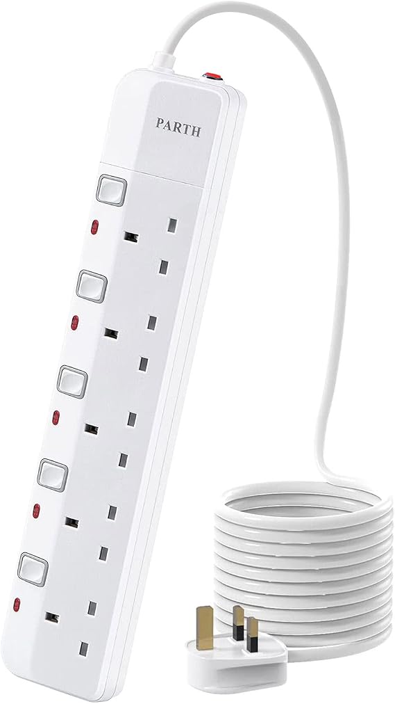 PARTH 3M Surge Protected Extension Lead With Switches 5 Way Sockets Extension Lead UK Power Strip With 3 Metre Extension Cord Wall Mounted 5 Gang Plug Extension Sockets 3250W/13A