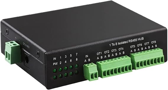 RS485 Hub 1 to 8 Isolated Rs-485 Splitter 485 Sharer 1 in 8 Out Industrial Grade Optically Isolated Way 152.2Kbps Rs485 Connector Converter Way 1 to 8 Ports