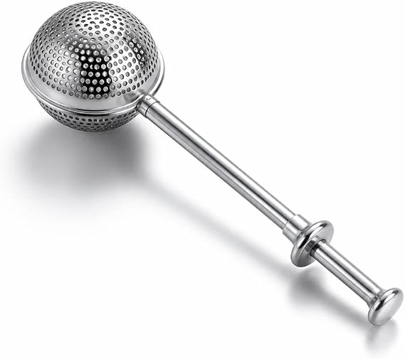 Paslanmaz Çelik Basmalı Çay Süzgeci, bitki çayı demlerken tortu bırakmayarak pratik temizlik sunan yaylı metal filtre standart boy