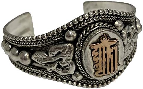 Tibetan Om White Metal Kalachakra Dharmachakra Mantra Bracelet