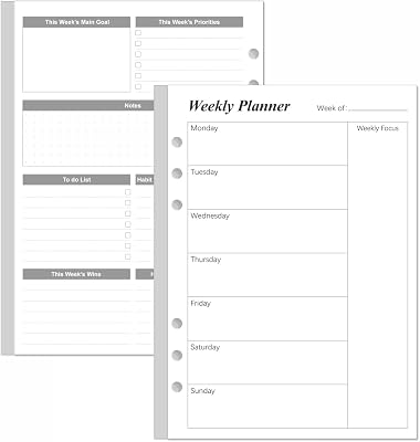 Weekly Planner Refills for A5 Binders - 53 Sheets106 Pages Undated Weekly Planner, 6-Hole Punched, 100 gsm White Paper, Lasts 1 Year, Undated, 5.8 x 8.3, Black
