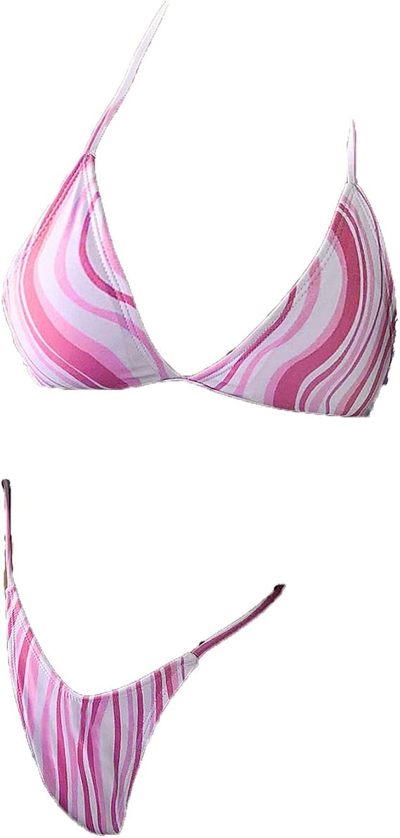 Women's Swimsuit Halter Ribbed Triangle Tie Side Two Piece Swimsuits Tie Dye String Bathing Suit Bikini Set, Pink, Small
