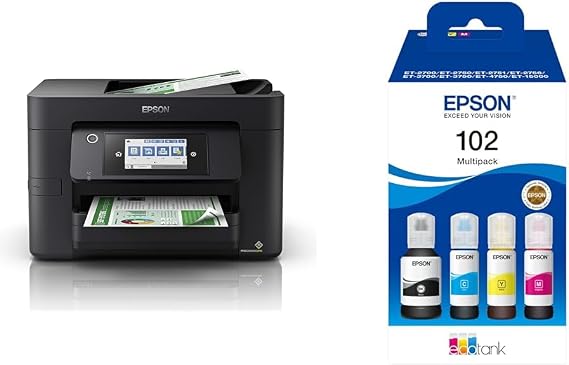 Epson WorkForce WF-4820 All-in-One Wireless Colour Printer with Scanner, Copier, Fax, Ethernet, Wi-Fi Direct and ADF, Black & EcoTank 102 Genuine Multipack Ink Bottles