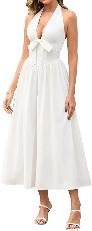 Parthea Summer Halter Bow Corset Midi Dress