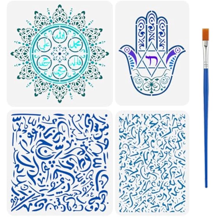 FINGERINSPIRE 4 Pcs Islamic Calligraphy Painting Stencil with Brush 2 Size Mandala Symbols Pattern Drawing Template Hamsa Hand Paisley Textures Stencil for Painting on Wood Wall Fabric Furniture
