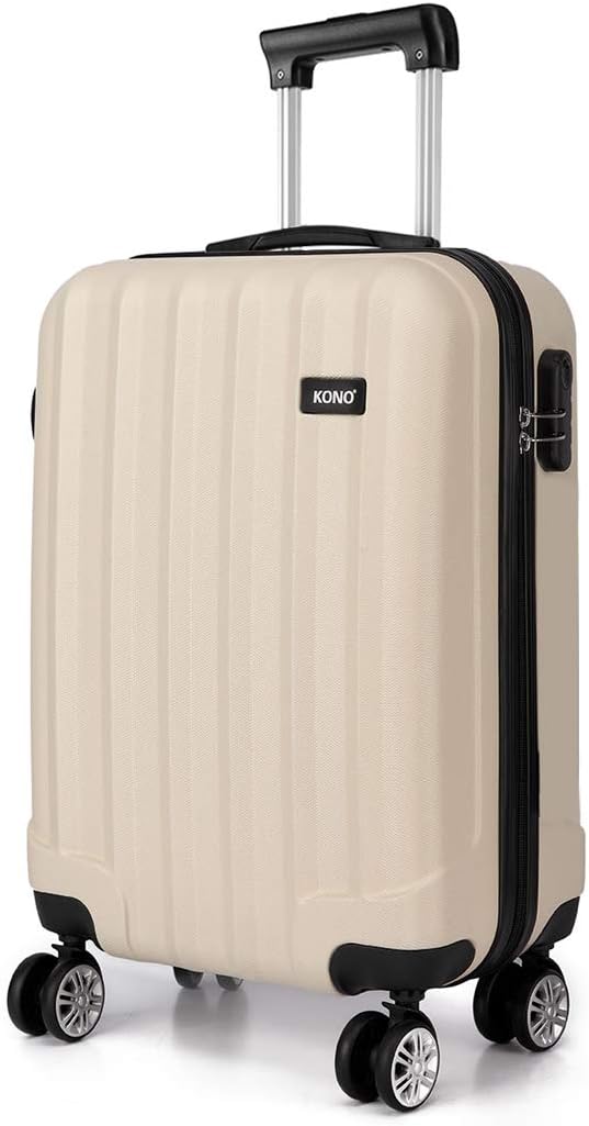 Kono Lightweight Cabin Suitcase 55x35x20cm Hard Shell ABS Luggage with 4 Wheels Carry On Hand Travel Suitcases Small, Beige