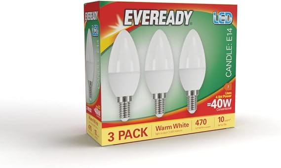 Eveready E14 LED Light Bulb, Warm White 3000K, 40W Equivalent, 470 Lumen LED Candle Bulb, SES Small Edison Screw Light Bulbs, Non-Dimmable, Pack of 3 [Energy Class F]