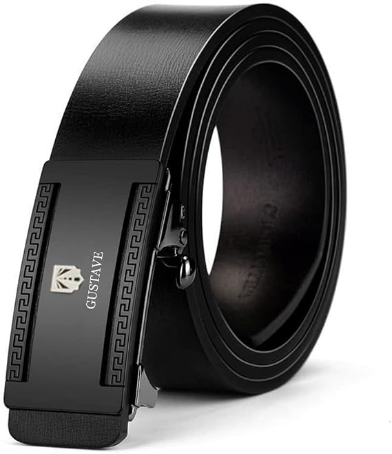 GUSTAVE Leather Belts For Men With Auto Lock -Free Adjustable Length And No Need To Punch, Length 125-130Cm, Black, Black-B, 35.4"-41.3"
