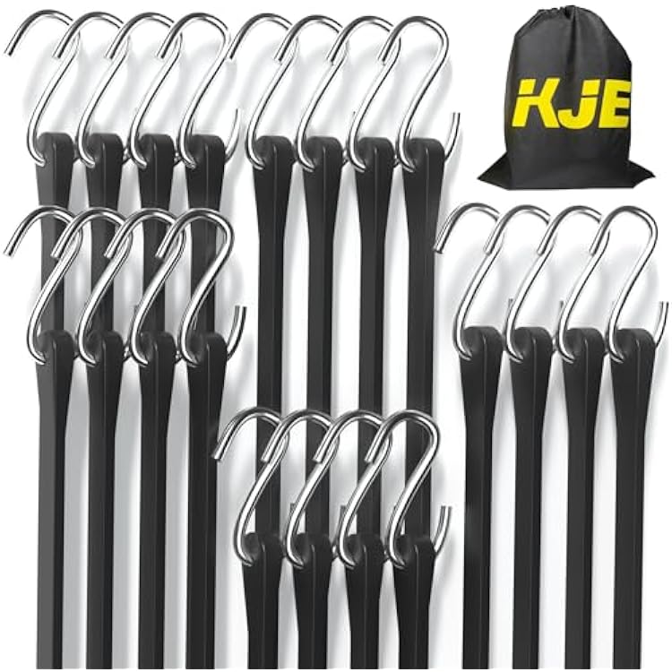 KJE 20Pack 10, 15, 21, 31 Rubber Bungee Cords with S Hooks - Heavy Duty Black Bungee Straps, EPDM - Load 180 lbs, Outdoor Tie Downs, Securing Tarps & Canvases & Cargo in Cold Hot Climates
