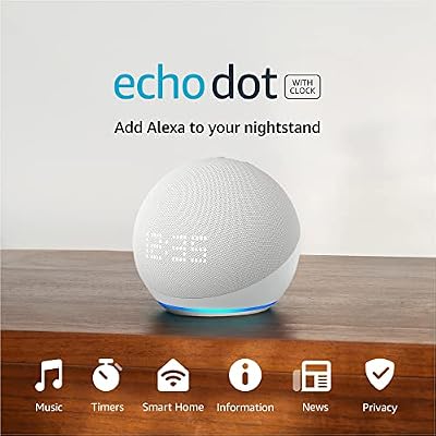 Amazon Echo Dot (5th Gen) with clock | Compact smart speaker with Alexa and enhanced LED display for at-a-glance clock, timers, weather, and more | Glacier White