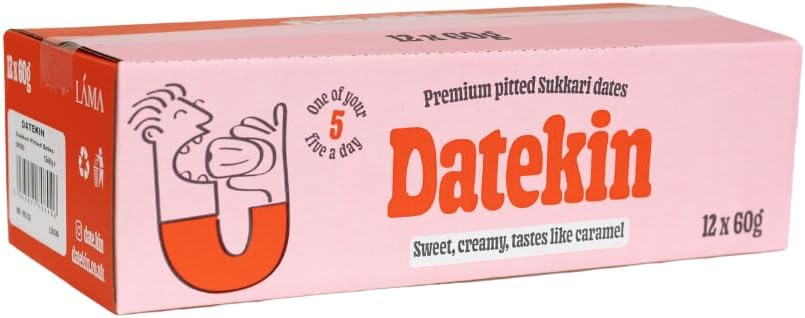 Datekin Premium Pitted Sukkari Dates – Large Multi Pack – 12 x 60g – Natural & Sweet Dates Snack Pack Dates Ready to Eat On the Go Packs Dried Fruit Pitted Dates for Lunch or Healthy Protein Snacks