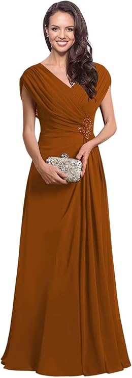Mother of the Bride Dresses with Chiffon V Neck Pleated A-Line Long Formal Wedding Guest Dress