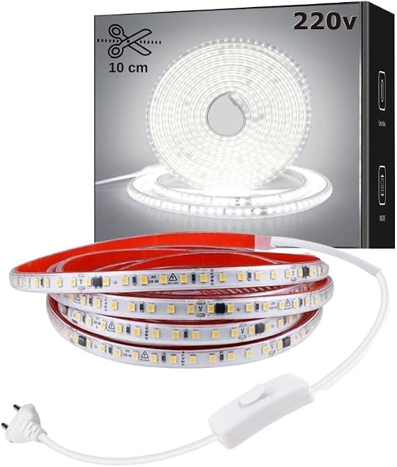 Sb-6508 LED Şerit, Beyaz ve Gün Işığı Şerit Led Işık 120 Led, Silikonlu 10 Cm Kesilebilir, Aç Kapat Butonlu Fişli, Tak Çalıştır Gizli Tavan Işık Bandı Mutfak Tezgah (Beyaz, 5 Metre) [Enerji Sınıfı A]