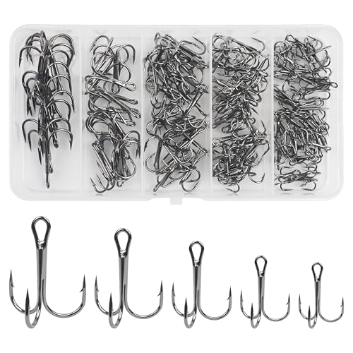 Fishing Treble Hooks Kit, High Carbon Steel Treble Hook Strong Sharp Round Bend Fishing Hook Triple Fish Hook with Split Rings for Trout Hard Bait Lures Saltwater Fishing