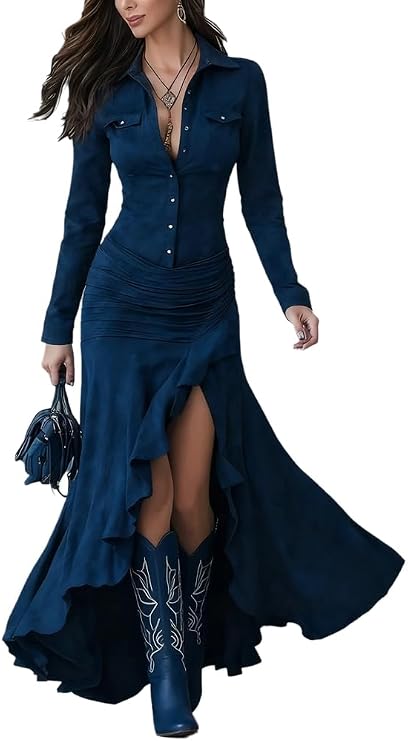 Women's Faux Suede Western Fishtail Dress Slit Front Button Up Ruched Long Sleeve Bodycon Maxi A-Line Dresses