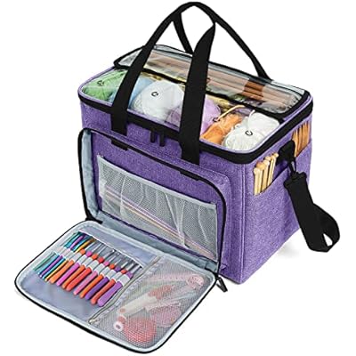 Teamoy Knitting Bag, Yarn Tote Organizer with Inner Divider Sewn to Bottom for Crochet Hooks, Knitting NeedlesUp to 14, Project and Supplies, Purple -No Accessories Included