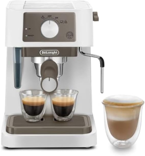 De'Longhi Espresso Maker Stilosa EC235J-W Cappuccino Latte Art Espresso Machine Stainless Steel Milk Frother Stylish Entry Model White with Family Registration