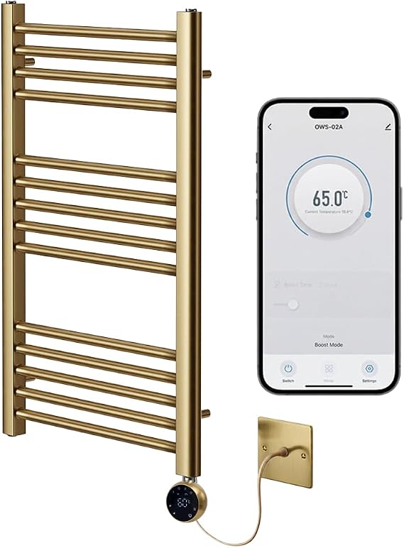 Brushed Brass Electric WiFi Towel Rail 400mm W x 800mm H