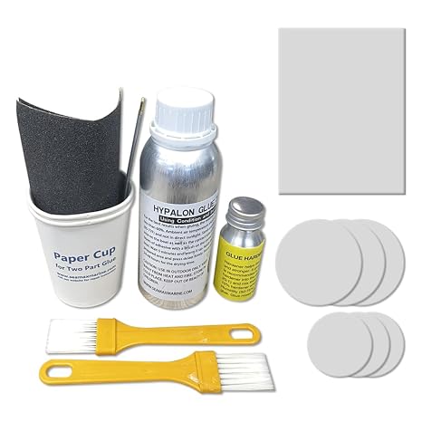 Professional Grade 2 Part Hypalon Marine Adhesive Kit (280g) with Grey Patch Material, Marine-Grade with Application Tools Good for All Inflatable Boats, Rafts, Dinghies, Kayaks, SUPs