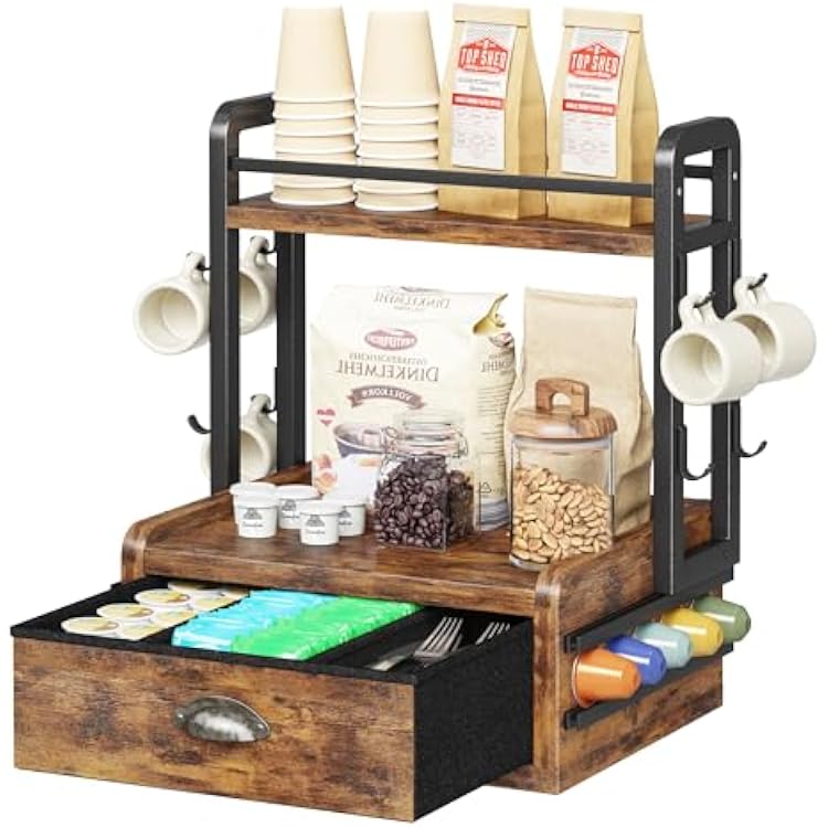 Homeiju Coffee Station Organizer, 40 Coffee Pods Storage & 8 Mug Hooks, Space-Saving Countertop Storage, Rustic Brown