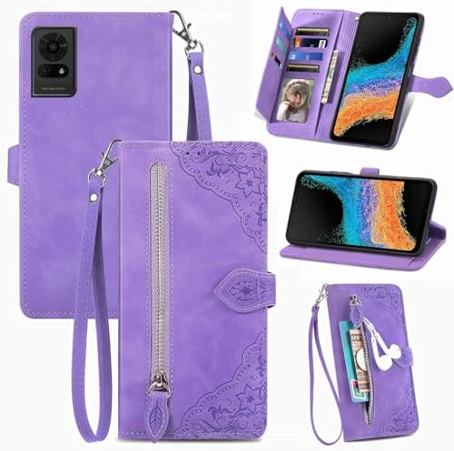 for TCL K23 K24 Case Compatible for TCL 50 LE 5G Phone Case Cover Zipper Wallet Premium Magnetic Closure Stand Function Folio PU Leather Flip Inner Soft TPU -Purple