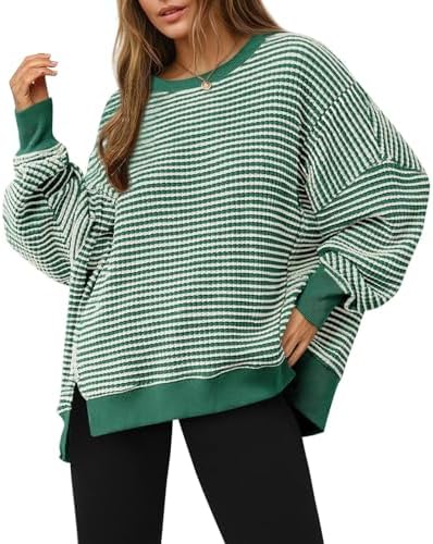 Fisoew Womens Fall Oversized Sweatshirt Casual Waffle Knit Long Sleeve Crewneck Split Pullover Tunic Tops