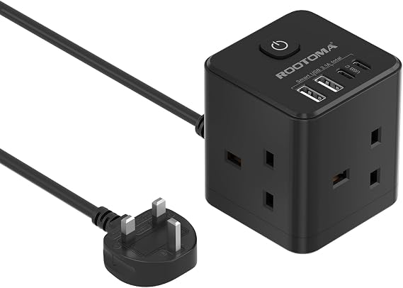 Cube Extension Lead with USB C Slots, 3 Way Power Extension, Black, 2M