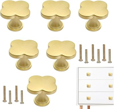 6 pcs Brass Four-Leaf Clover Knobs Handle,Gold Cabinet Knobs Cabinet Drawer Dresser Furniture Kitchen Wardrobe Bathroom Decorative Door Pulls Zinc Alloy Single Hole Handle Gold