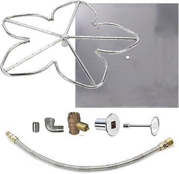 HPC Penta Match Lit Fire Pit Burner Kit with 30-Inch Stainless Steel Burner and 36-Inch Square Flat Pan, Natural Gas, Polished Chrome, with Flange, Key, Valve, Flex Line and Fittings