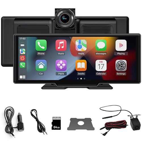 Araba DVR Ekran, 10.26 inç IPS Ekran, Kablosuz CarPlay ve Android Auto, 170 ° Ön Kamera