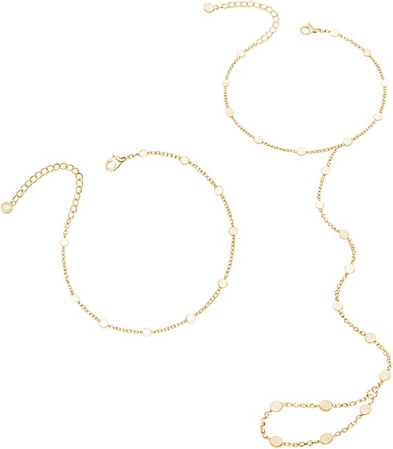 2 Pcs Dainty Hand Chain Bracelet with Ring for Women - Silver Adjustable Satellite Pearl Paperclip Tarnish Resistant Dot CZ Link Trendy Jewelry Gift