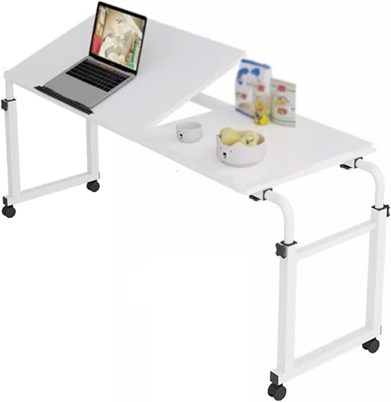 Overbed Table with Wheels Adjustable Height and Tilt for Full Queen Beds Rolling Bed Desk Adjustable Length for Laptop Work Breakfast at Home and Office