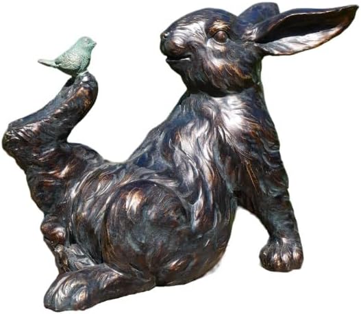 Rabbit & Bird Resin Indoor Outdoor Garden Ornament Bronze Effect Decoration For Home Patio Decking Statue Farmhouse Style