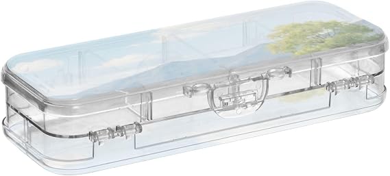 Yellow Rape Flower Field Designed Pencil Storage Box Clear Double Deck Pen Storage Containers For Stationery Supplies With Snap Lid