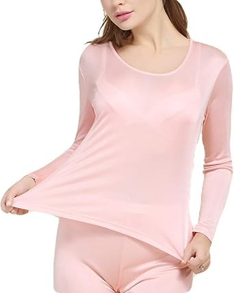 Women Pure Silk Winter Knit Underwear Set Winter Thermal Long Johns Set Crew Neck