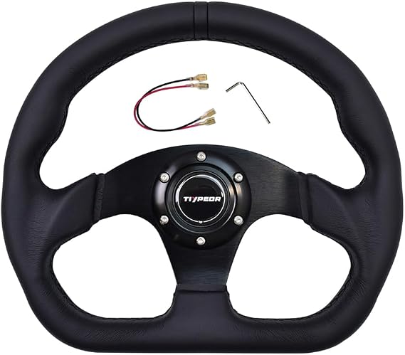 13 Inch Racing Steering Wheel 320mm Black Microfiber Leather, D-Shaped Rim & Flat Spokes, Horn Button & Wiring Kit Included, Compatible with Universal 6 Volt
