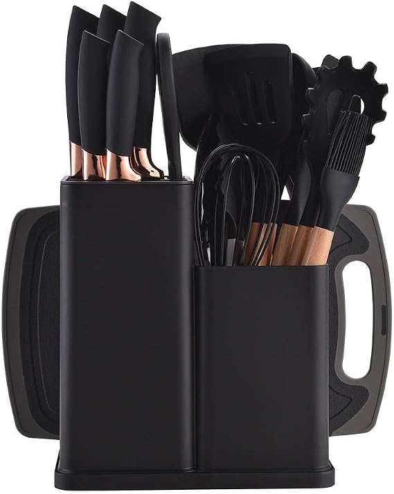 Kitchen Utensils Set & Knife Set with Block, 19 Piece All-in-One Cooking Set, 12 Nonstick Silicone Utensils + 5 Sharp Stainless Steel Chef Knives + Cutting Board, Dishwasher Safe Gift Set (Black)