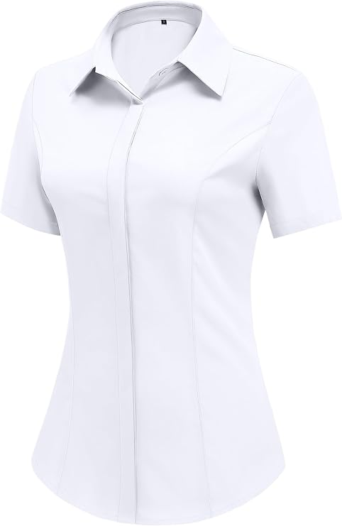 HOTOUCH Women Short Sleeve Button Down Shirts Business Work Blouse | Office Work Tops,Slim Fit Basic Shirts, Summer V Neck Outfits, Going Out Blouse