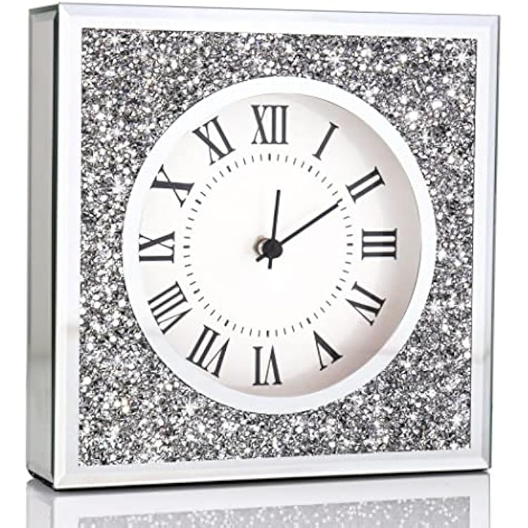 Desk Clock Wall Clock 8x8x2Inch Crushed Diamond Mirrored Clock Table Top Decorative Clock for Home Decoration. AA Battery not Included