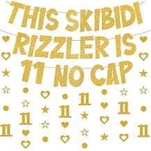 Skibidi Rizzler Birthday Banner Decorations - This Skibidi Rizzler Is 11 No Cap Gold Glitter Banner, Pre-Strung Stars Hearts Garland Ideas Funny Zoomer Gen Z Slang 11th Birthday Party Supplies