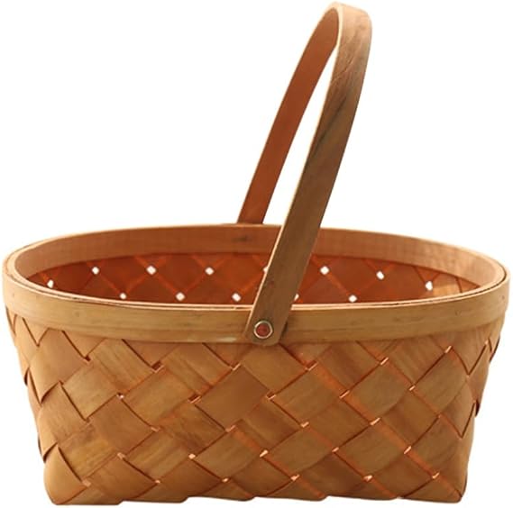 Rattan Woven Fruit Basket, Large Oval Storage Basket with Handle, Brown