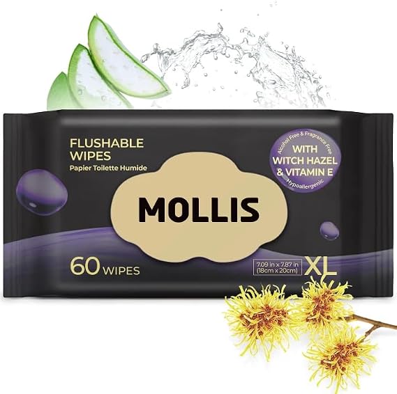 MOLLIS Moist Toilet Tissue Fragrance-free, Witch Hazel Wipes, 60 Count