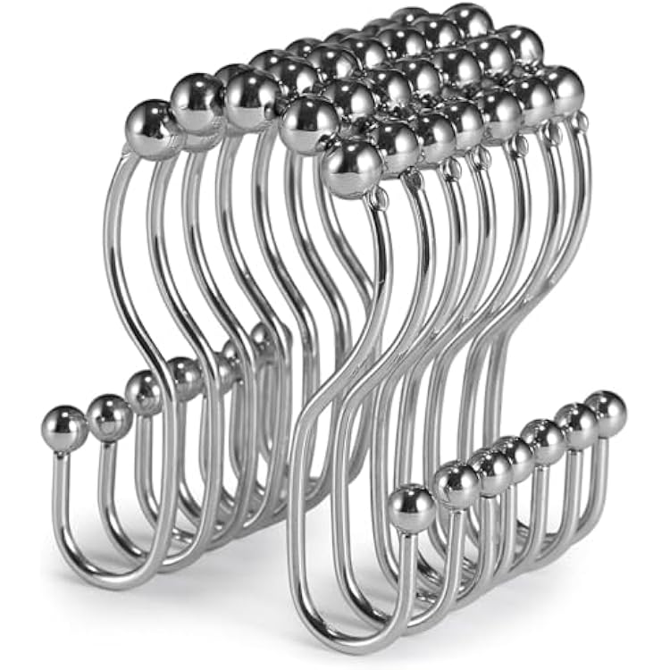 Goowin Shower Curtain Hooks, 12 Pcs Shower Curtain Rings, Stainless Steel Shower Curtain Hangers, Double Hook Shower Curtain Hooks, Smooth Sliding Anti-Drop Shower Rings for Curtain Chrome