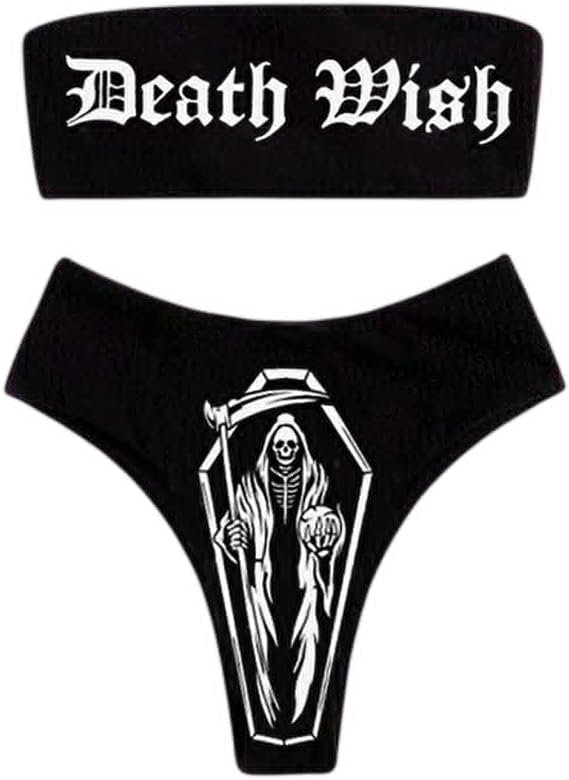 JUMISEE Women Skull Letter Pattern Goth Bikini Set 2 Piece High Waist Bandeau Swimsuit