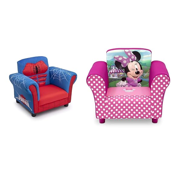 Delta Children Figural Upholstered Chair, Marvel Spider-Man (Blue, Red) & Upholstered Chair, Wood, Disney Minnie Mouse