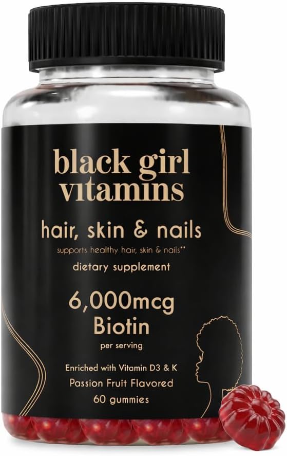Black Girl Vitamins - Hair, Skin, and Nails Gummies with Biotin (6000 mcg), Zinc, Gelatin Free, Vitamin A, and Vitamin E - Gluten-Free. Made in The USA (Passion Fruit, 60 Count) 30 Day Supply