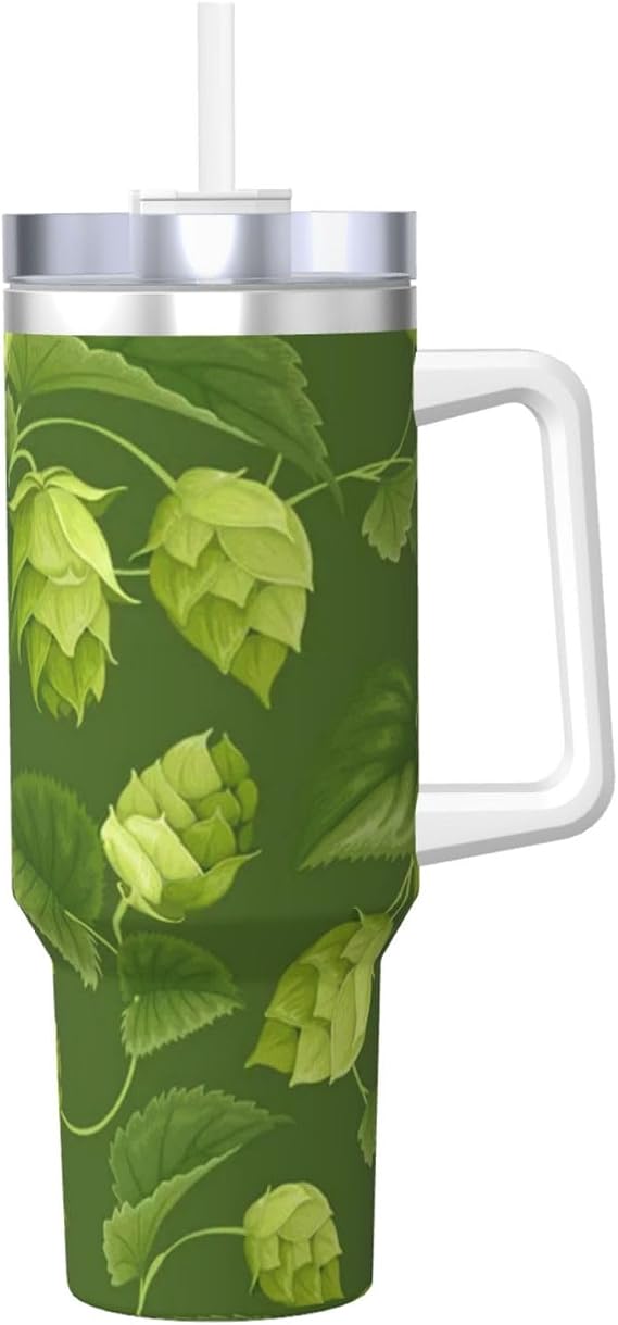 Green Hops and Leaves Pattern,40OZ Ice Bully Cup with Handle Stainless Steel Mug Water Bottle