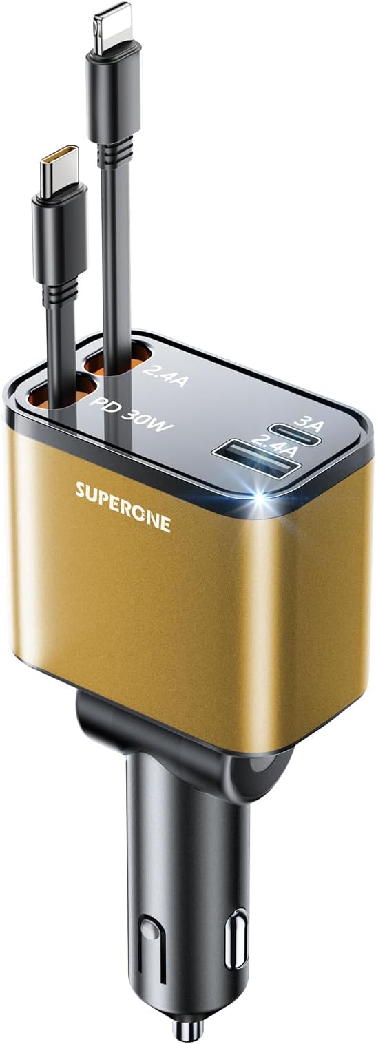 [2024 Upgraded] 4 in 1 Retractable Car Charger, SUPERONE Smaller Fast Car Phone Charger 69W with Cord, USB C and iPhone Car Charger Adapter, Compatible iPhone 15/15 Pro Max/14/13/12/11