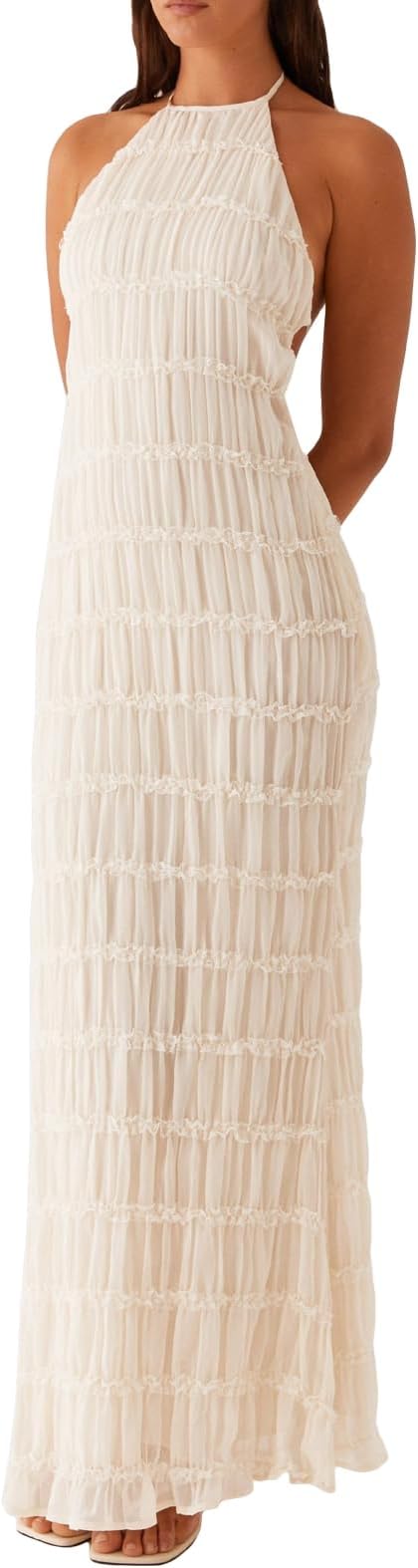 SOLILOQUY Women Y2K Halter Neck Maxi Dress Backless Tie Up Pleated Bodycon Long Dress Smocked Tiered Flowy Dresses Party Club